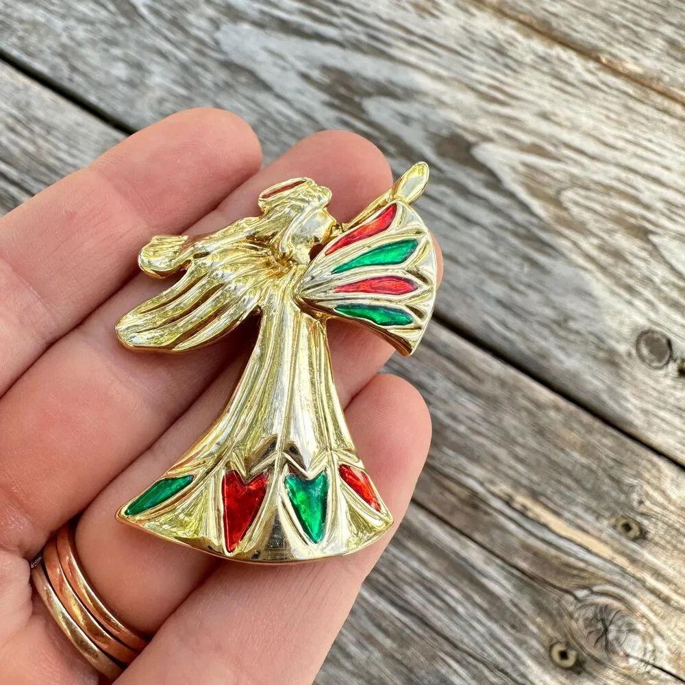 Vintage Jewelry Christmas Angel Brooch Gold Tone Red and Green Angel Pin Jewelry